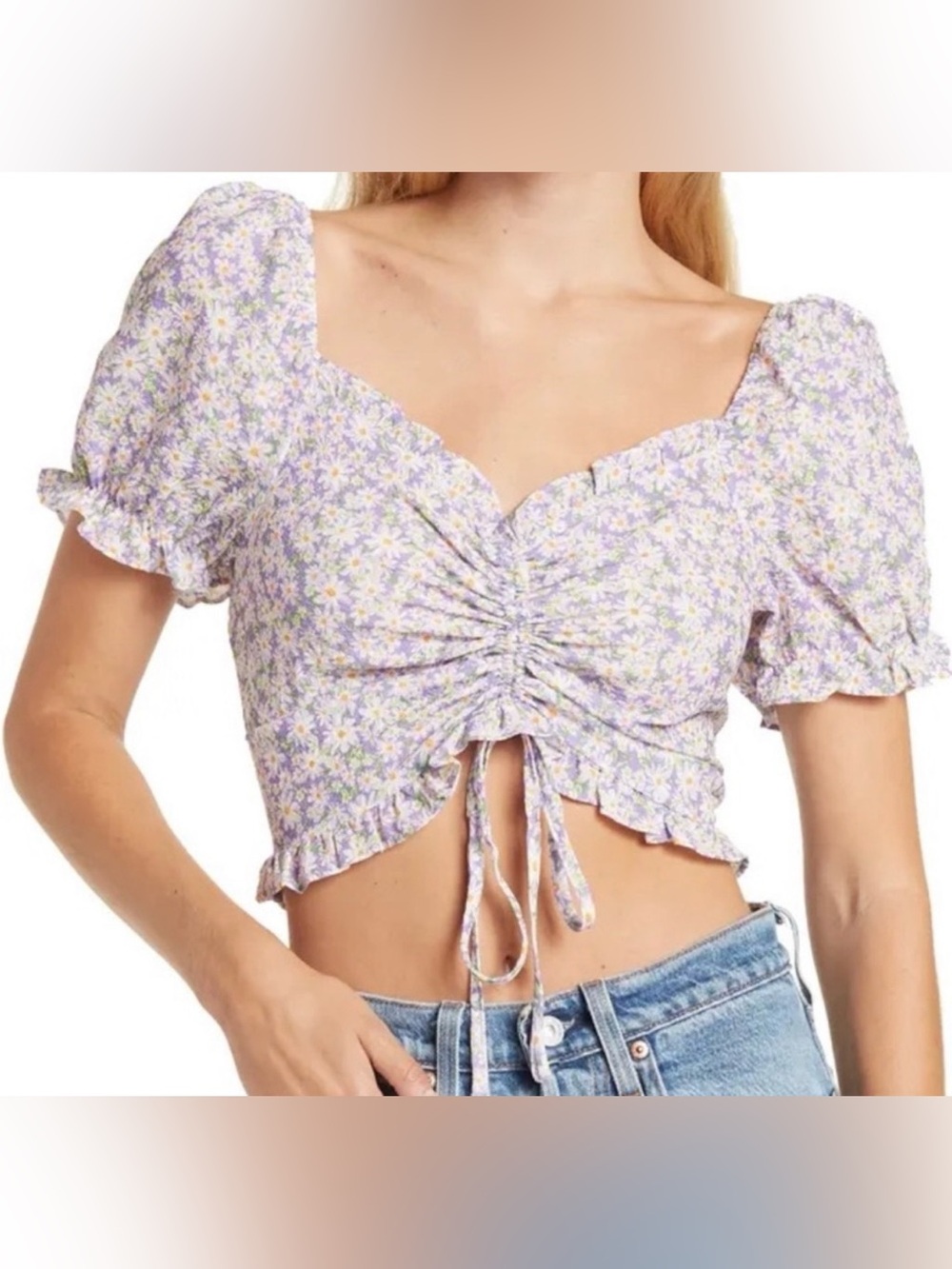 Floral Ruched Tie-Front Crop Top - Lavender